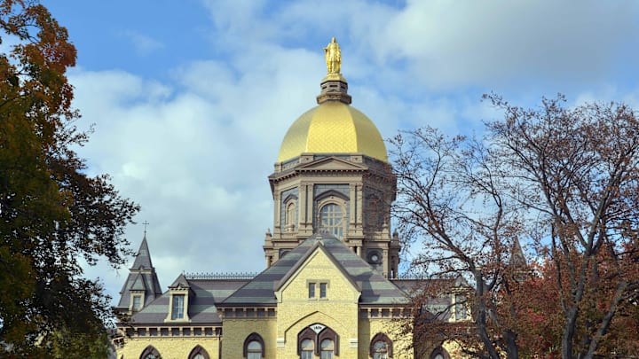 Oct 17, 2015; South Bend, IN, USA; General view of the golden dome at the main administration building on the campus of Notre Dame. Oct 17, 2015; South Bend, IN, USA; General view of the golden dome at the main administration building on the campus of Notre Dame.