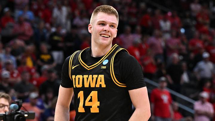 Mar 26, 2026; Houston, TX, USA;Iowa Hawkeyes guard Bennett Stirtz (14) reacts after beating the Nebraska Cornhuskers during a Sweet Sixteen game of the South Regional of the men's 2026 NCAA Tournament at Toyota Center. Mandatory Credit: Maria Lysaker-Imagn Images Mar 26, 2026; Houston, TX, USA;Iowa Hawkeyes guard Bennett Stirtz (14) reacts after beating the Nebraska Cornhuskers during a Sweet Sixteen game of the South Regional of the men's 2026 NCAA Tournament at Toyota Center. Mandatory Credit: Maria Lysaker-Imagn Images