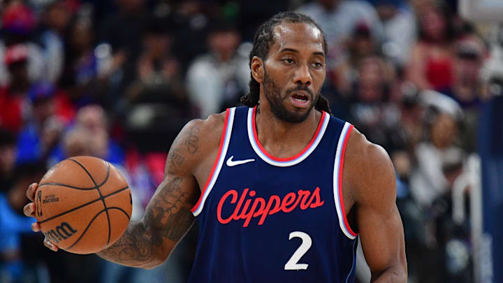 Apr 24, 2025; Inglewood, California, USA; Los Angeles Clippers forward Kawhi Leonard (2) moves the ball up court against the Denver Nuggets during the second half of game three in the first round for the 2024 NBA Playoffs at Intuit Dome. Mandatory Credit: Gary A. Vasquez-Imagn Images Apr 24, 2025; Inglewood, California, USA; Los Angeles Clippers forward Kawhi Leonard (2) moves the ball up court against the Denver Nuggets during the second half of game three in the first round for the 2024 NBA Playoffs at Intuit Dome. Mandatory Credit: Gary A. Vasquez-Imagn Images