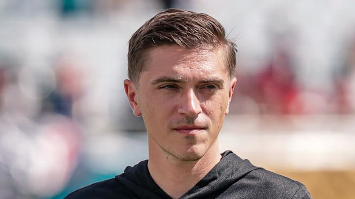 Sep 21, 2025; Jacksonville, Florida, USA; Jacksonville Jaguars general manager James Gladstone on the field during pregame against the Houston Texans at EverBank Stadium. Mandatory Credit: Travis Register-Imagn Images