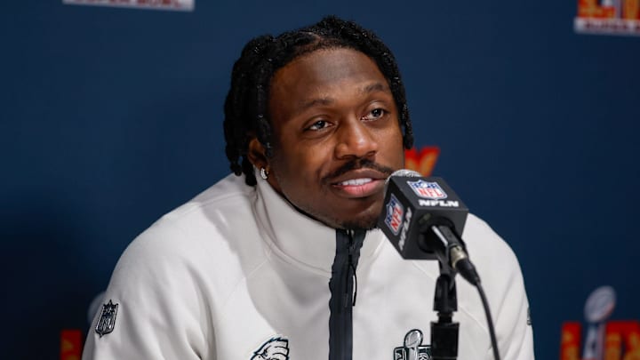 Philadelphia Eagles receiver A.J. Brown speaks to media at the Super Bowl. Philadelphia Eagles receiver A.J. Brown speaks to media at the Super Bowl.