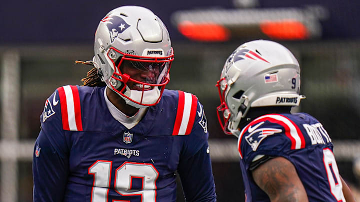 Jan 5, 2025; Foxborough, Massachusetts, USA; New England Patriots quarterback Joe Milton III (19) reacts after his touchdown pass against the Buffalo Bills in the first half at Gillette Stadium. Mandatory Credit: David Butler II-Imagn Images