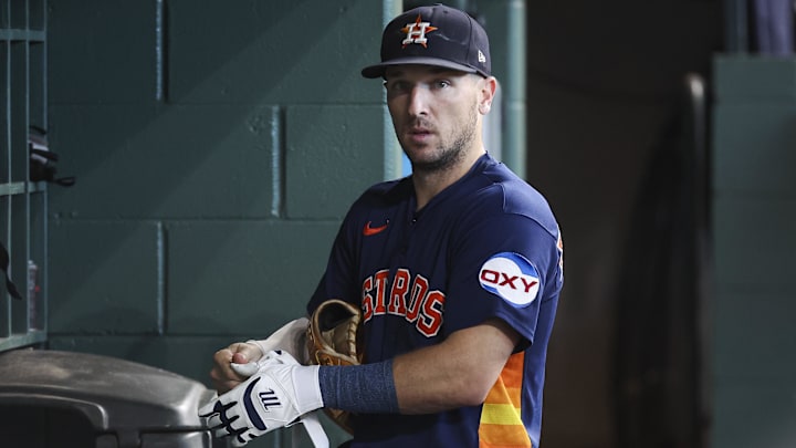 Sep 24, 2023; Houston, Texas, USA; Houston Astros third baseman Alex Bregman (2) stands in the dugout before the game against the Kansas City Royals at Minute Maid Park