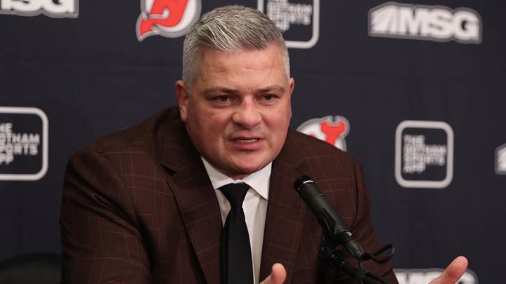 Feb 25, 2026; Newark, New Jersey, USA; New Jersey Devils head coach Sheldon Keefe speaks to media after the game against the Buffalo Sabres at Prudential Center. Mandatory Credit: Ed Mulholland-Imagn Images