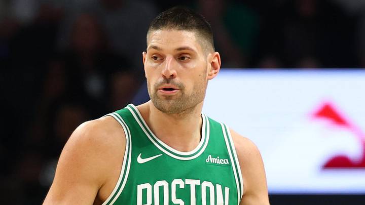 Feb 24, 2026; Phoenix, Arizona, USA; Boston Celtics center Nikola Vucevic (4) against the Phoenix Suns at Mortgage Matchup Center. Mandatory Credit: Mark J. Rebilas-Imagn Images