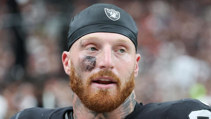 Sep 28, 2025; Paradise, Nevada, USA; Las Vegas Raiders defensive end Maxx Crosby (98) looks on from the sideline during the first quarter against the Chicago Bears at Allegiant Stadium. Mandatory Credit: Kiyoshi Mio-Imagn Images