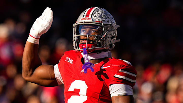 Ohio State Buckeyes defensive back Caleb Downs celebrates after sacking Rutgers Scarlet Knights quarterback Athan Kaliakmanis Ohio State Buckeyes defensive back Caleb Downs celebrates after sacking Rutgers Scarlet Knights quarterback Athan Kaliakmanis