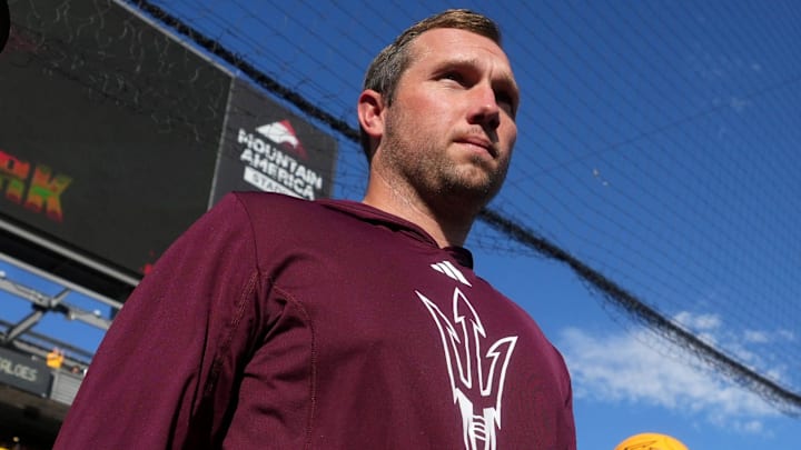 ASU Sun Devils head coach Kenny Dillingham leads his team onto the field to play against the Colorado Buffaloes at Mountain America Stadium in Tempe on Oct. 7, 2023.