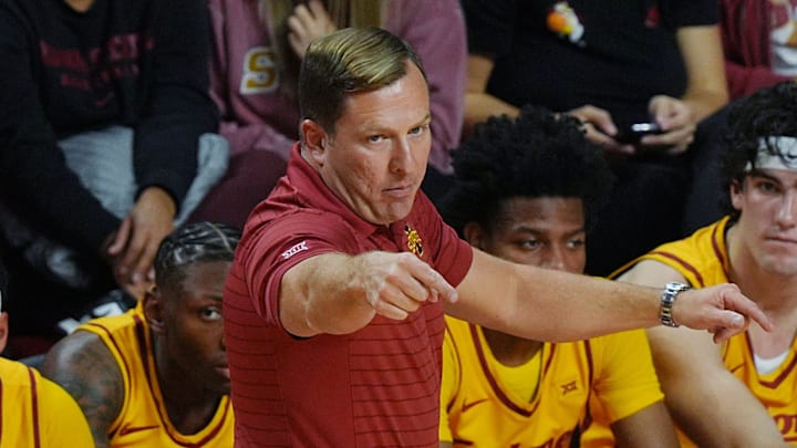 Iowa State Cyclones men's basketball head coach T.J. Otzelberger calls a play against FDU during the first half of the season-opener on Nov. 3, 2025, at Hilton Coliseum in Ames. Iowa State Cyclones men's basketball head coach T.J. Otzelberger calls a play against FDU during the first half of the season-opener on Nov. 3, 2025, at Hilton Coliseum in Ames.