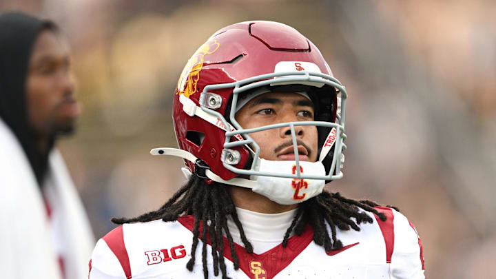 Sep 13, 2025; West Lafayette, Indiana, USA; Southern California Trojans wide receiver Makai Lemon (6) warms up before the game against the Purdue Boilermakers at Ross-Ade Stadium. 