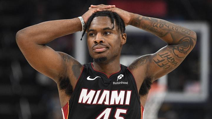 Miami Heat point guard Davion Mitchell (45) reacts (Mandatory Credit: Matthew Smith-Imagn Images)