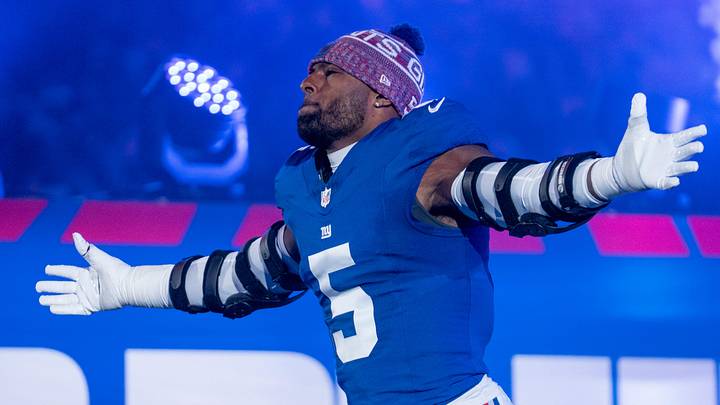 New York Giants linebacker Kayvon Thibodeaux (5) runs out of the tunnel during a Thursday Night Football game between the New York Giants and the Philadelphia Eagles at MetLife Stadium in East Rutherford on Oct. 9, 2025. New York Giants linebacker Kayvon Thibodeaux (5) runs out of the tunnel during a Thursday Night Football game between the New York Giants and the Philadelphia Eagles at MetLife Stadium in East Rutherford on Oct. 9, 2025.