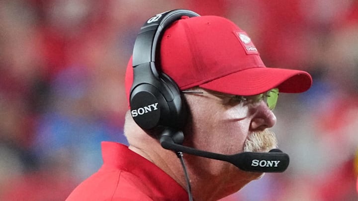 Oct 12, 2025; Kansas City, Missouri, USA; Kansas City Chiefs head coach Andy Reid during the second half at GEHA Field at Arrowhead Stadium. Mandatory Credit: Denny Medley-Imagn Images