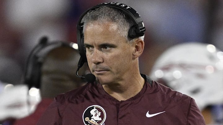 Sep 28, 2024; Dallas, Texas, USA; Florida State Seminoles head coach Mike Norvell during the game between the Southern Methodist Mustangs and the Florida State Seminoles at Gerald J. Ford Stadium. Mandatory Credit: Jerome Miron-Imagn Images