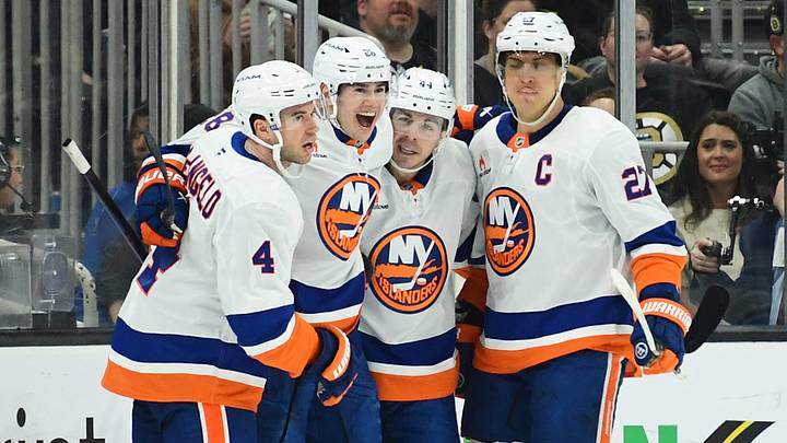 Feb 27, 2025; Boston, Massachusetts, USA; New York Islanders defenseman Alexander Romanov (28) reacts with his line mates after scoring a goal during the first period against the Boston Bruins at TD Garden. Mandatory Credit: Bob DeChiara-Imagn Images Feb 27, 2025; Boston, Massachusetts, USA; New York Islanders defenseman Alexander Romanov (28) reacts with his line mates after scoring a goal during the first period against the Boston Bruins at TD Garden. Mandatory Credit: Bob DeChiara-Imagn Images