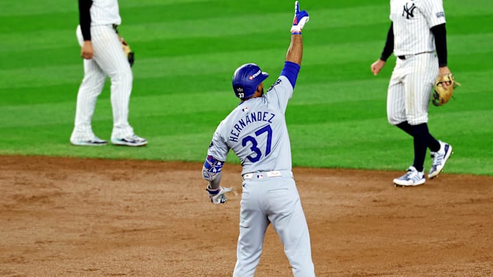 Oct 30, 2024; Bronx, New York, USA; Los Angeles Dodgers outfielder Teoscar Hernandez (37) celebrates after hitting a two run RBI during the fifth inning against the New York Yankees during game five of the 2024 MLB World Series at Yankee Stadium.
