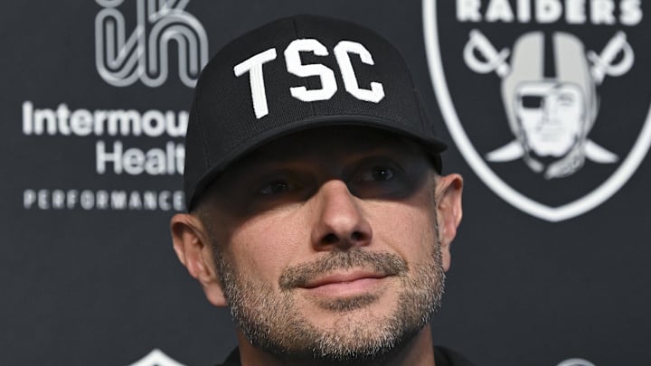 Apr 25, 2025; Henderson, NV, USA; (L-R) Las Vegas Raiders general manager John Spytek during a news conference introducing Ashton Jeanty as the first round draft pick in the 2025 NFL Draft at Intermountain Health Performance Center. Mandatory Credit: Candice Ward-Imagn Images Apr 25, 2025; Henderson, NV, USA; (L-R) Las Vegas Raiders general manager John Spytek during a news conference introducing Ashton Jeanty as the first round draft pick in the 2025 NFL Draft at Intermountain Health Performance Center. Mandatory Credit: Candice Ward-Imagn Images