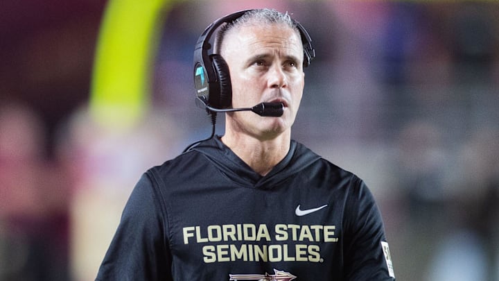 Florida State Seminoles head coach Mike Norvell walks down the field. The Miami Hurricanes lead the Florida State Seminoles 14-3 at the half on Saturday, Oct. 4, 2025. Florida State Seminoles head coach Mike Norvell walks down the field. The Miami Hurricanes lead the Florida State Seminoles 14-3 at the half on Saturday, Oct. 4, 2025.