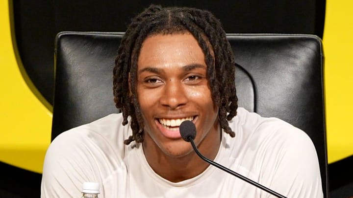 Oregon tight end Jamari Johnson speaks during a media availability on Aug. 5, 2025, in Eugene, Oregon