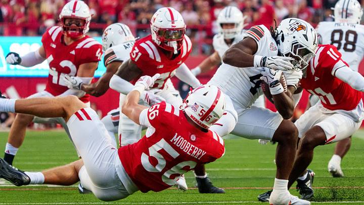 Bowling Green running back Ke'marion Baldwin is dragged down by Nebraska linebacker Pierce Mooberry. Bowling Green running back Ke'marion Baldwin is dragged down by Nebraska linebacker Pierce Mooberry.