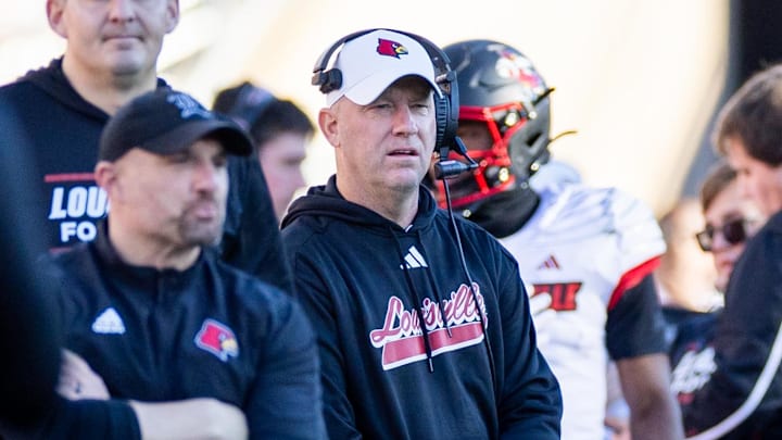 Nov 16, 2024; Stanford, California, USA; Louisville Cardinals head coach Jeff Brohm stands on the sidelines during the third quarter against the Stanford Cardinal at Stanford Stadium. 