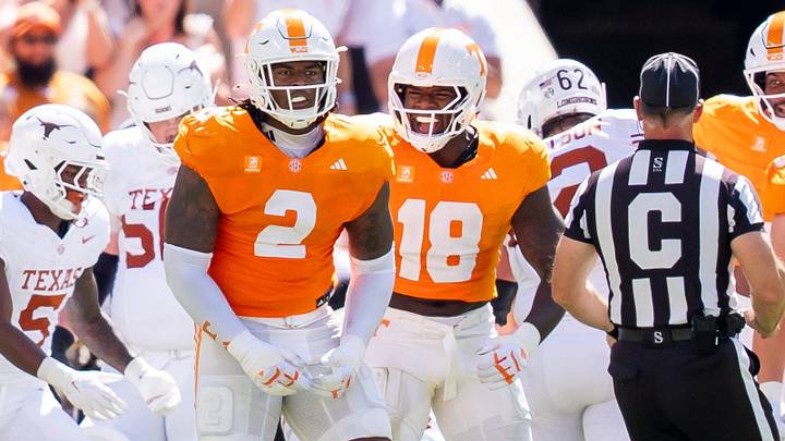 Sep 26, 2026; Knoxville, Tennessee, USA; Tennessee defensive lineman Xavier Gilliam (2) celebrates after a play during a college football game between Tennessee and Texas at Neyland Stadium in Knoxville, Tenn. on Sept. 26, 2026. Mandatory Credit: Brianna Paciorka-USA TODAY Network via Imagn Images