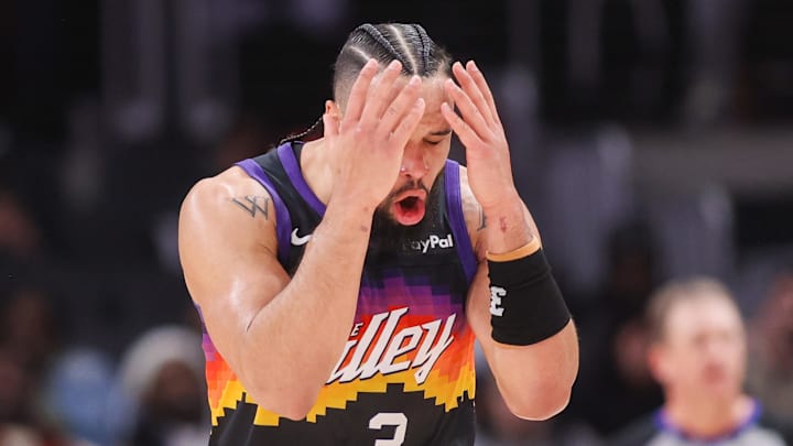 Jan 23, 2026; Atlanta, Georgia, USA; Phoenix Suns forward Dillon Brooks (3) reacts after a play against the Atlanta Hawks in the third quarter at State Farm Arena. Mandatory Credit: Brett Davis-Imagn Images
Jan 23, 2026; Atlanta, Georgia, USA; Phoenix Suns forward Dillon Brooks (3) reacts after a play against the Atlanta Hawks in the third quarter at State Farm Arena. Mandatory Credit: Brett Davis-Imagn Images