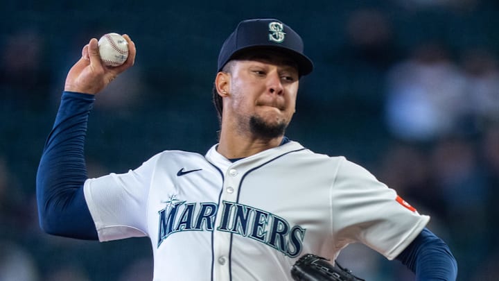 Apr 2, 2025; Seattle, Washington, USA;  Seattle Mariners starter Luis Castillo (58) delivers a pitch during the first inning against the Detroit Tigers at T-Mobile Park. 
