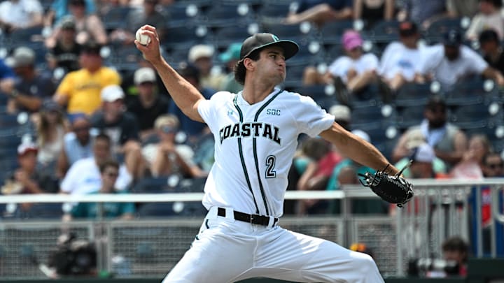 Jun 13, 2025; Omaha, Neb, USA; Coastal Carolina Chanticleers pitcher Cameron Flukey (2) throws against the Arizona Wildcats during the fifth inning at Charles Schwab Field. Mandatory Credit: Steven Branscombe-Imagn Images