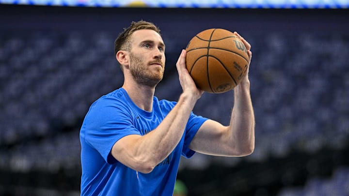 May 13, 2024; Dallas, Texas, USA; Oklahoma City Thunder forward Gordon Hayward (33) warms up before the game between the Dallas Mavericks and the Oklahoma City Thunder in game four of the second round for the 2024 NBA playoffs at American Airlines Center. Mandatory Credit: Jerome Miron-Imagn Images