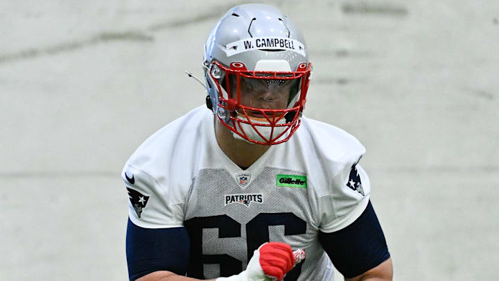 May 9, 2025; Foxborough, MA, USA; New England Patriots offensive tackle Will Campbell (66) practices during rookie camp at Gillette Stadium. Mandatory Credit: Eric Canha-Imagn Images