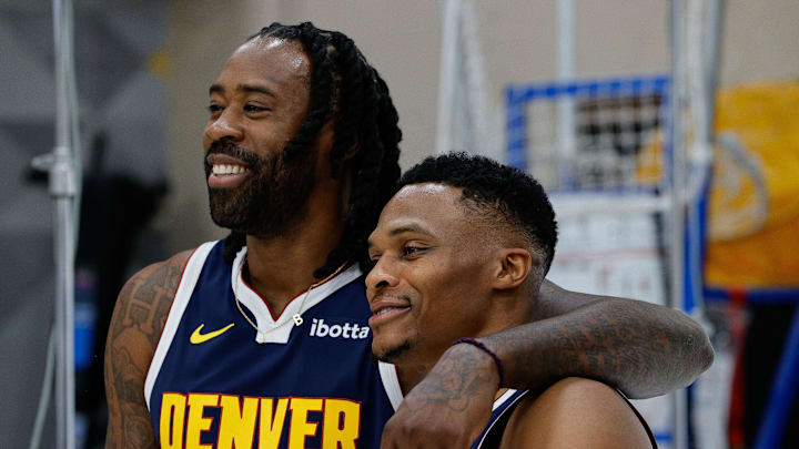 Sep 26, 2024; Denver, Co, USA; Denver Nuggets center DeAndre Jordan (6) and guard Russell Westbrook (4) during Denver Nuggets Media Day. Mandatory Credit: Isaiah J. Downing-Imagn Images Sep 26, 2024; Denver, Co, USA; Denver Nuggets center DeAndre Jordan (6) and guard Russell Westbrook (4) during Denver Nuggets Media Day. Mandatory Credit: Isaiah J. Downing-Imagn Images