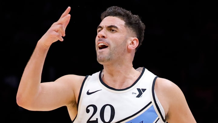Georges Niang #20 of the Atlanta Hawks reacts against the Philadelphia 76ers.
