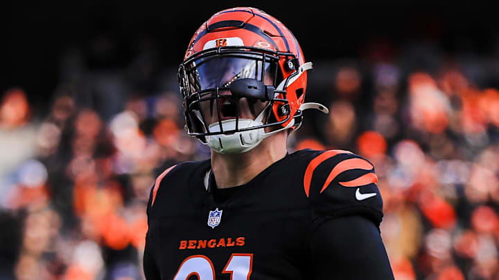 Dec 22, 2024; Cincinnati, Ohio, USA; Cincinnati Bengals defensive end Trey Hendrickson (91) runs onto the field before the game against the Cleveland Browns at Paycor Stadium. Mandatory Credit: Katie Stratman-Imagn Images