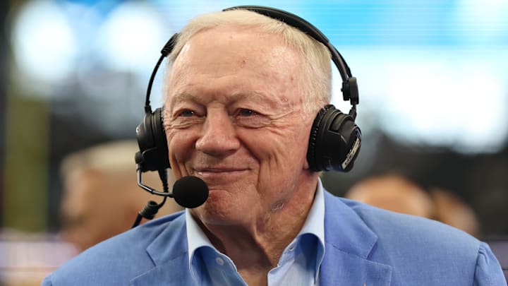 Aug 24, 2024; Arlington, Texas, USA; Dallas Cowboys owner Jerry Jones talks to the media before the game against the Los Angeles Chargers at AT&T Stadium. Mandatory Credit: Tim Heitman-Imagn Images