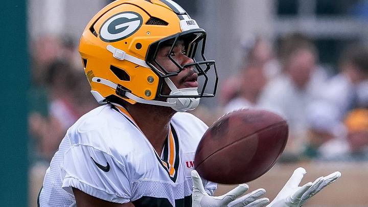 Green Bay Packers running back Pierre Strong Jr. (35) catches a punt during practice on Friday, July 31. Green Bay Packers running back Pierre Strong Jr. (35) catches a punt during practice on Friday, July 31.