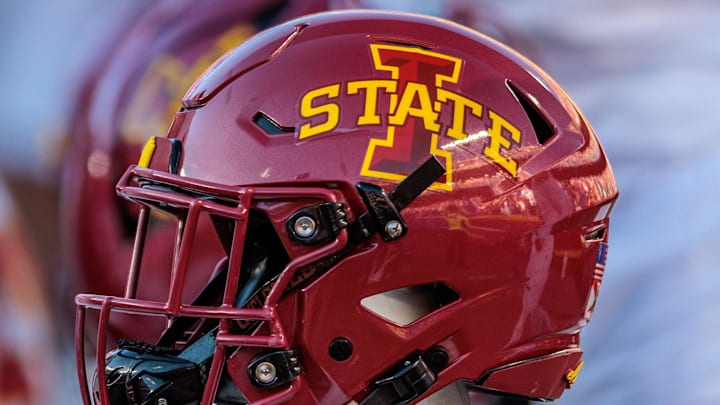 Nov 9, 2024; Kansas City, Missouri, USA; Iowa State Cyclones helmets on the bench during the first quarter against the Kansas Jayhawks at GEHA Field at Arrowhead Stadium. 