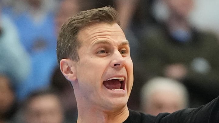 Feb 7, 2026; Chapel Hill, North Carolina, USA;  Duke Blue Devils head coach Jon Scheyer reacts in the first  half at Dean E. Smith Center. Mandatory Credit: Bob Donnan-Imagn Images