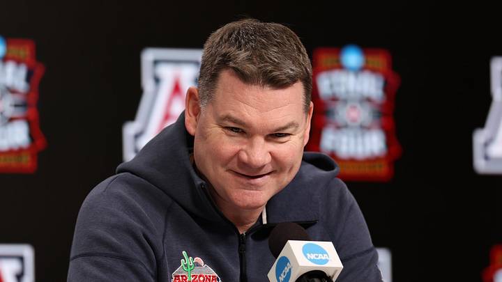 Apr 3, 2026; Indianapolis, IN, USA; Arizona Wildcats head coach Tommy Lloyd speaks during a press conference ahead of the Final Four of the men's 2026 NCAA Tournament at Lucas Oil Stadium. Mandatory Credit: Trevor Ruszkowski-Imagn Images