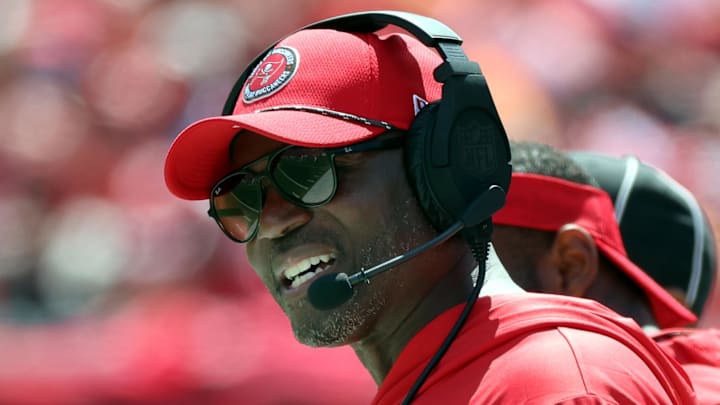 Sep 22, 2024; Tampa, Florida, USA; Tampa Bay Buccaneers head coach Todd Bowles looks on against the Denver Broncos during the first quarter at Raymond James Stadium. Mandatory Credit: Kim Klement Neitzel-Imagn Images Sep 22, 2024; Tampa, Florida, USA; Tampa Bay Buccaneers head coach Todd Bowles looks on against the Denver Broncos during the first quarter at Raymond James Stadium. Mandatory Credit: Kim Klement Neitzel-Imagn Images