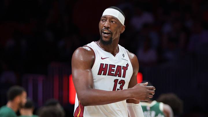 Miami Heat center Bam Adebayo (13) reacts  (Mandatory Credit: Sam Navarro-Imagn Images)