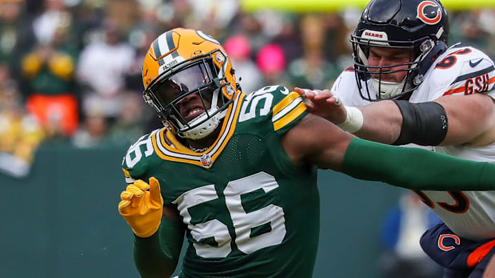 Green Bay Packers linebacker Edgerrin Cooper (56) beats a block by Chicago Bears center Coleman Shelton last season.