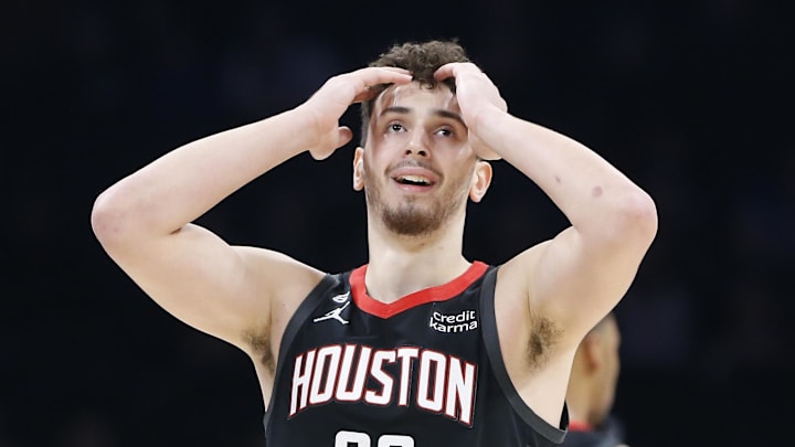 Houston Rockets center Alperen Sengun (28) reacts after a play against the Oklahoma City Thunder during the first quarter at Paycom Center on February 15, 2023.