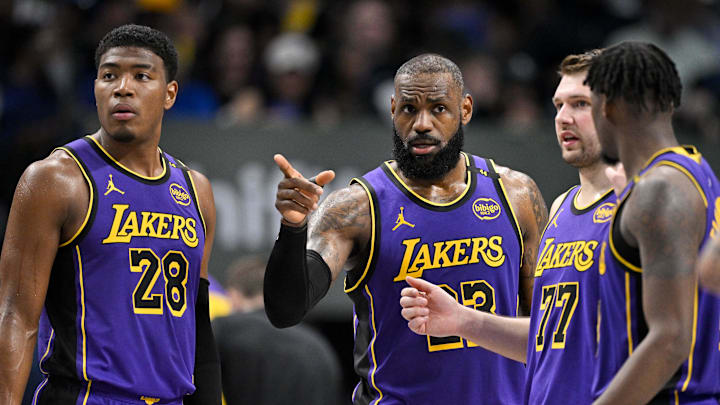 Los Angeles Lakers forward Rui Hachimura, forward LeBron James, guard Luka Doncic, and forward Dorian Finney-Smith Los Angeles Lakers forward Rui Hachimura, forward LeBron James, guard Luka Doncic, and forward Dorian Finney-Smith