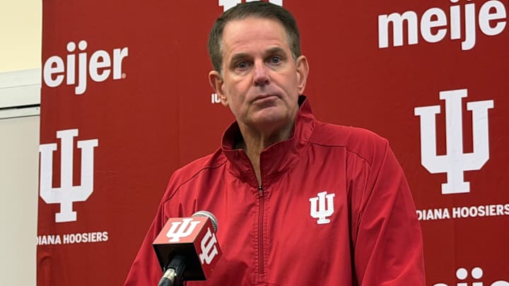 Indiana coach Curt Cignetti speaks to reporters Oct. 13, 2025, at the team room in Memorial Stadium.