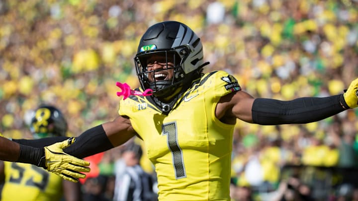 Oregon wide receiver Traeshon Holden celebrates a touchdown by Oregon wide receiver Justius Lowe as the No. 1 Oregon Ducks host the No. 21 Illinois Fighting Illini Saturday, Oct. 26, 2024 at Autzen Stadium in Eugene, Ore.