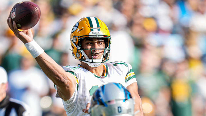 Green Bay Packers quarterback Jordan Love (10) throws a pass during the 2023 game at Carolina. Green Bay Packers quarterback Jordan Love (10) throws a pass during the 2023 game at Carolina.