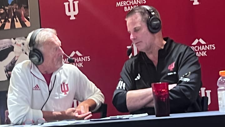 Don Fischer and Curt Cignetti discuss IU football at Cignetti's radio show Aug. 28, 2025, at Hoosier Hank's in Bloomington.
