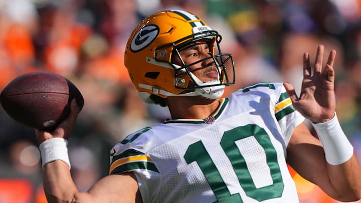 Green Bay Packers quarterback Jordan Love passes the ball against the Denver Broncos in 2023. Green Bay Packers quarterback Jordan Love passes the ball against the Denver Broncos in 2023.