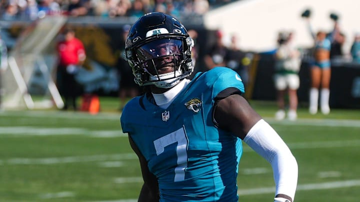 Jacksonville Jaguars wide receiver Brian Thomas Jr. (7) celebrates a touchdown in the first quarter during an NFL football game at EverBank Stadium, Sunday, Dec. 14, 2025, in Jacksonville, Fla. 